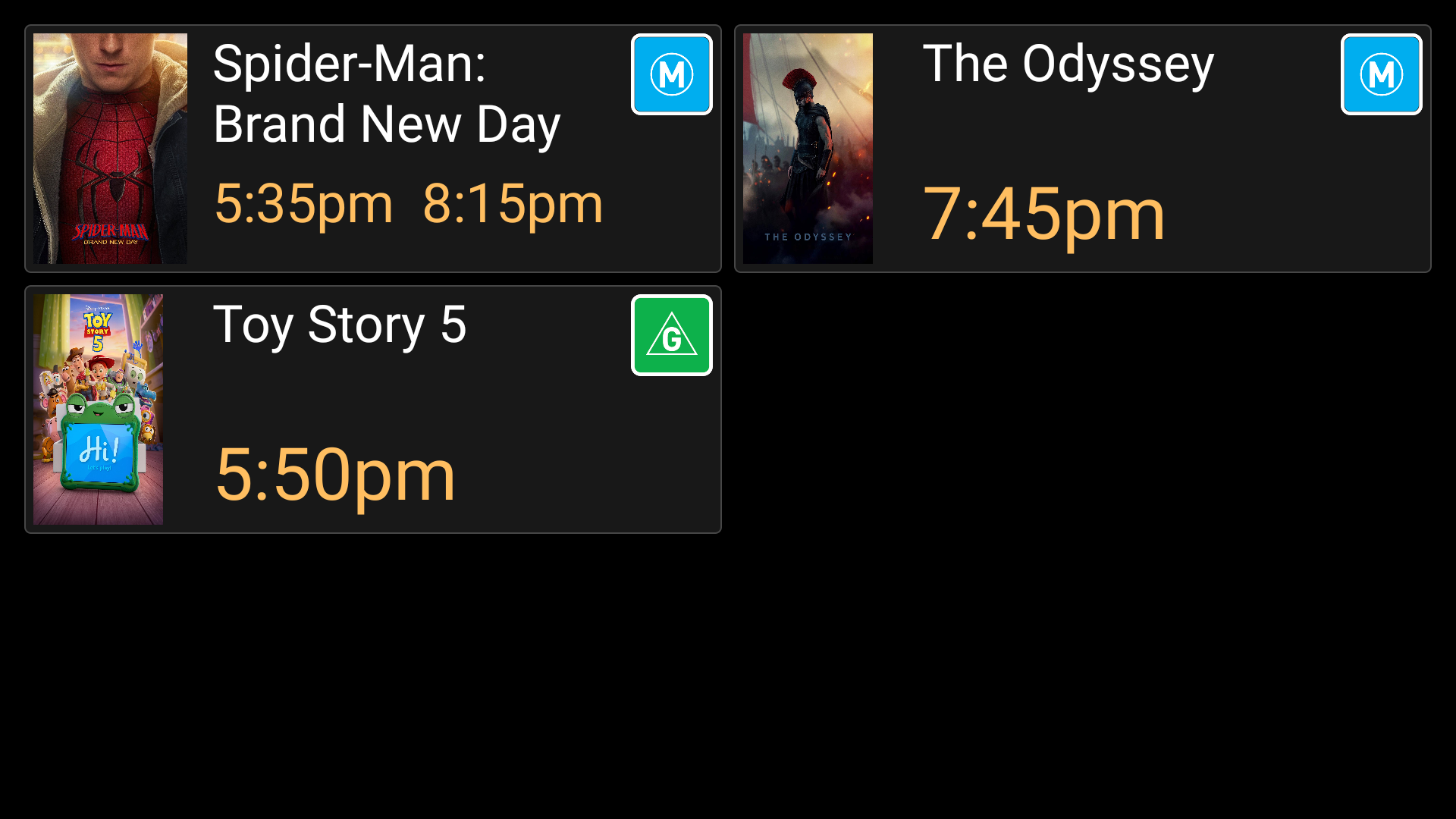 Cinema Sign displaying cinema session times