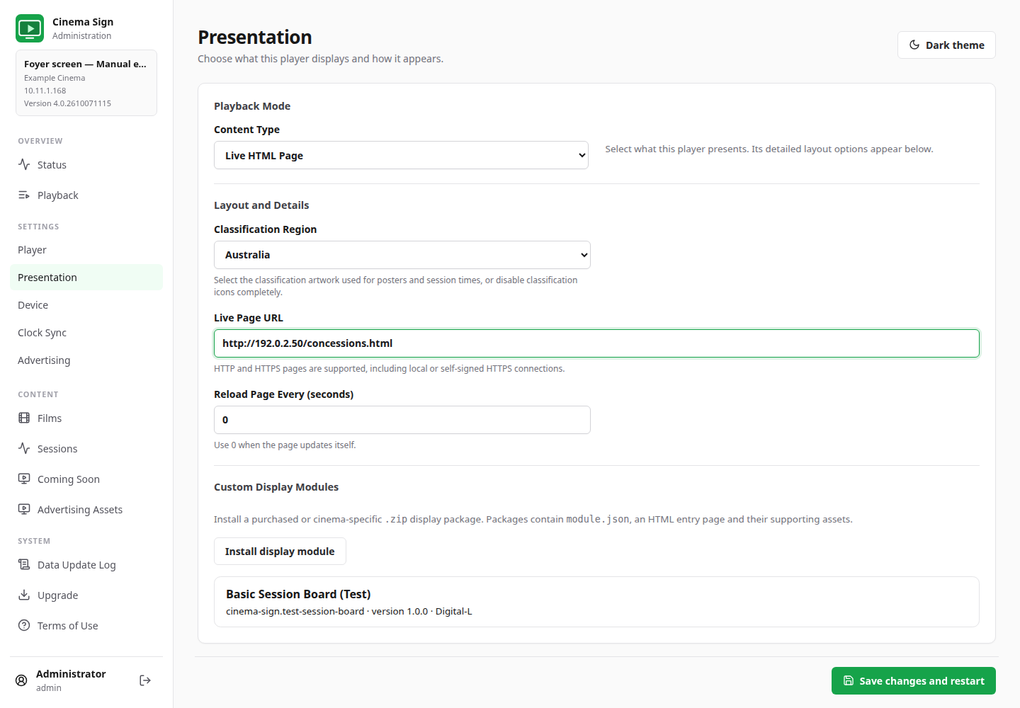 Configure a dedicated Live HTML Page
