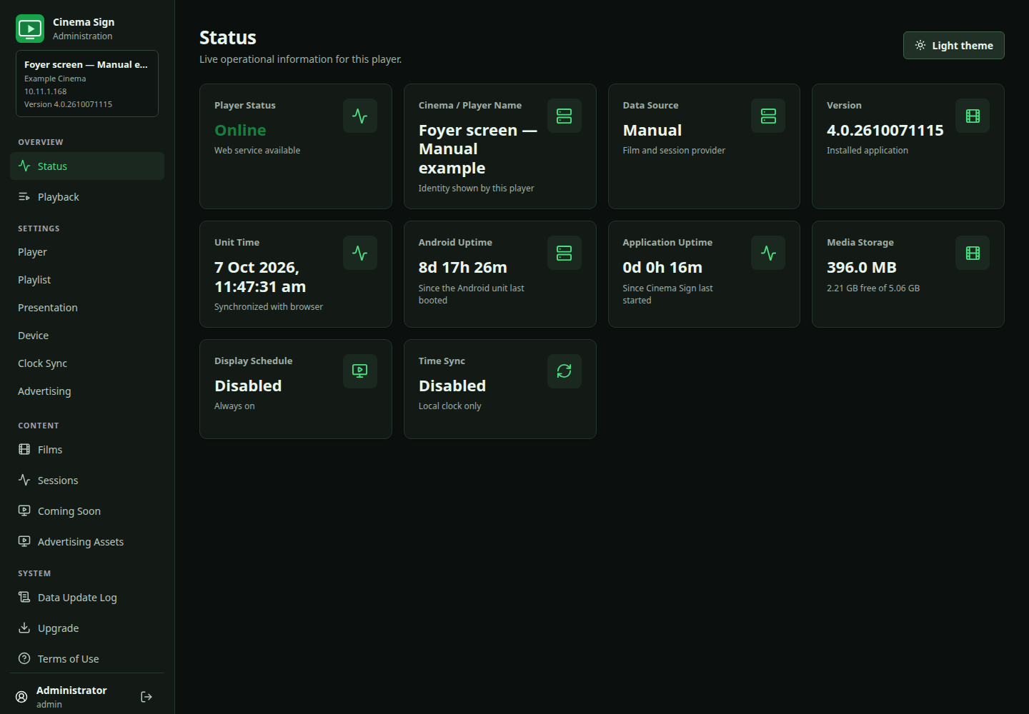 The same Status page with Dark theme selected