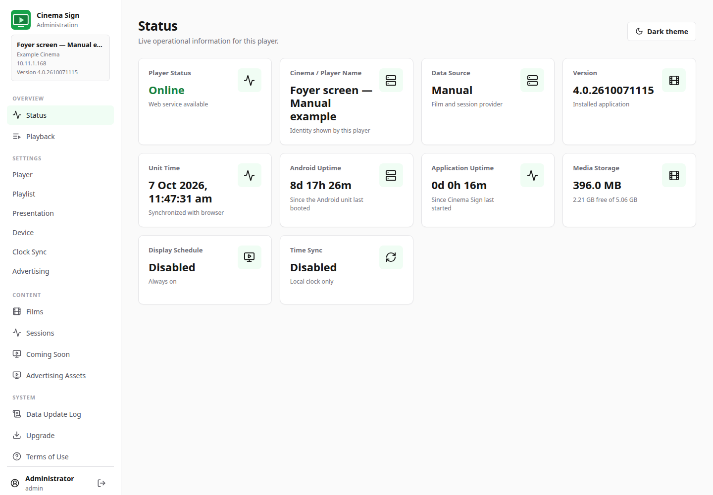 The Status page identifies the player you are controlling