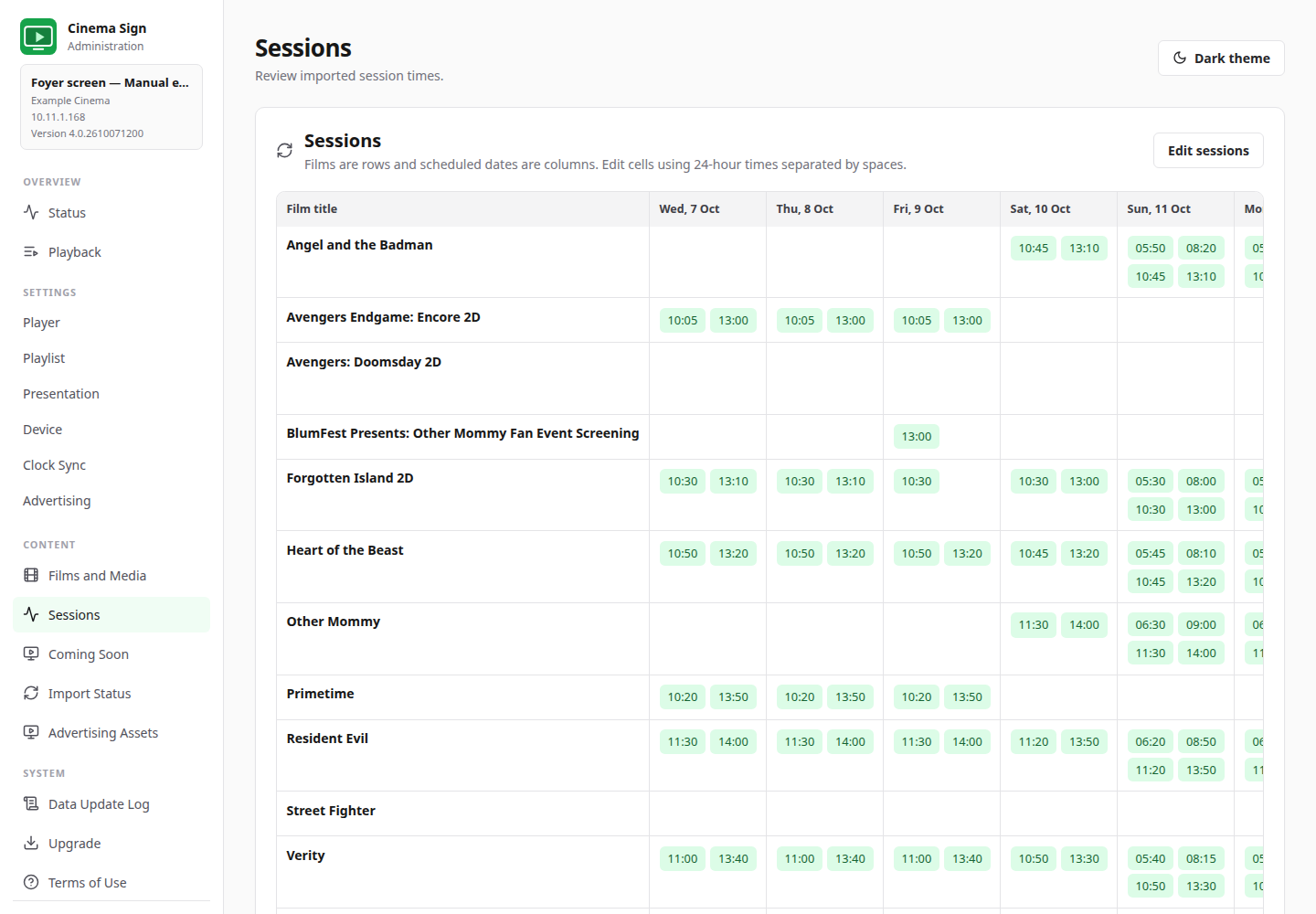 Dated TaPOS performances appear on Sessions