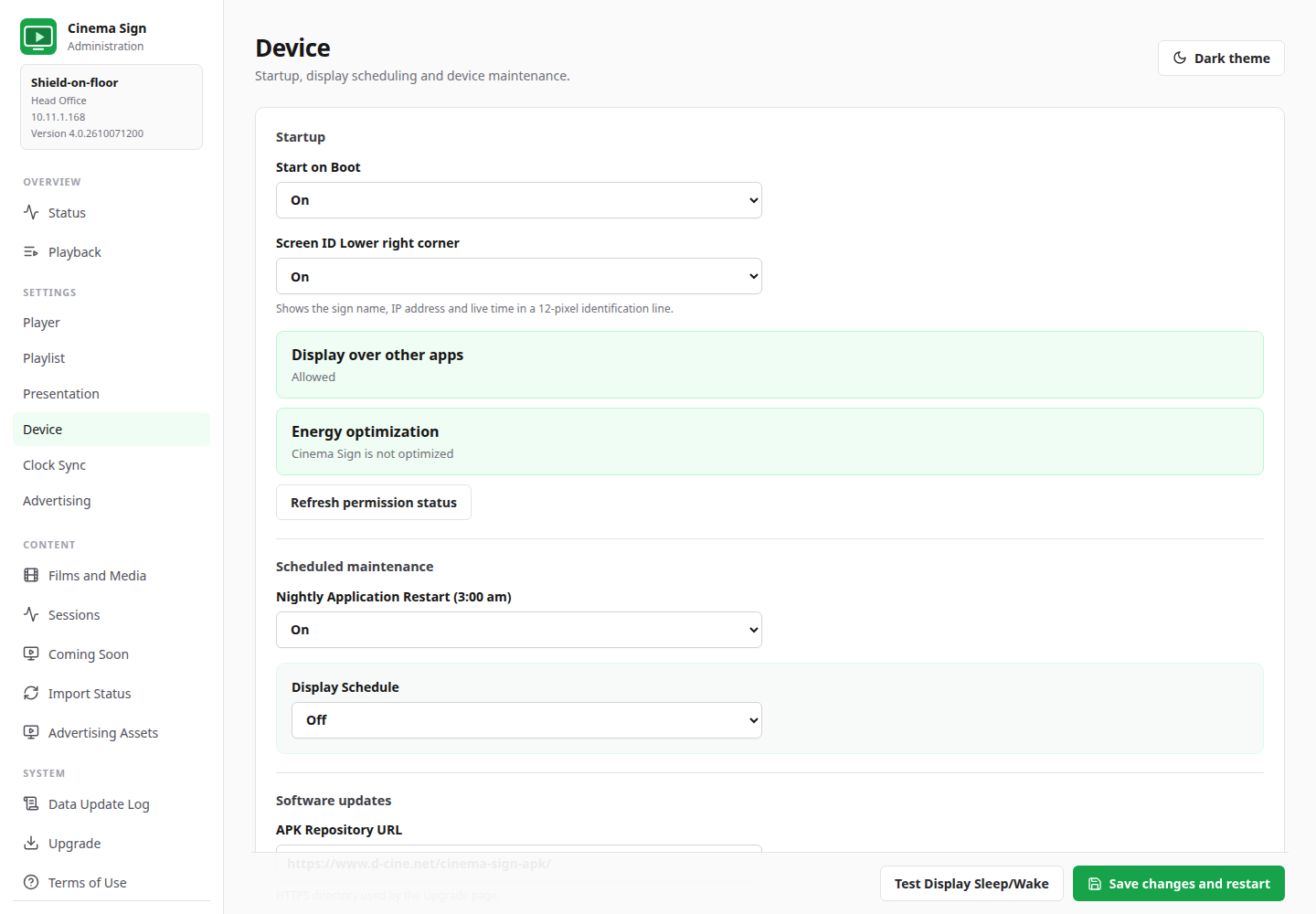 Current Shield Device page showing actual startup and applicable permission checks
