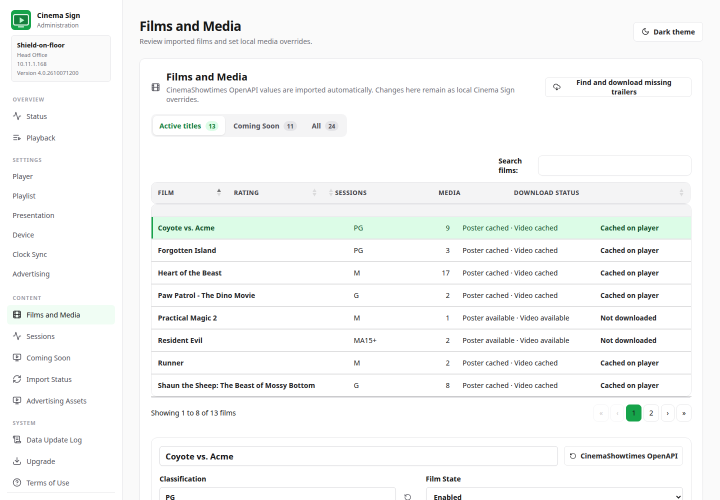 Actual current Shield Films and Media page with programme titles and media states