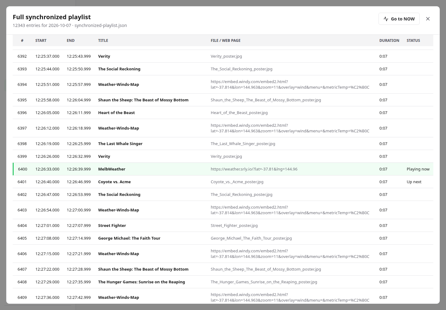 Current Shield full-playlist viewer with Go to NOW and current demonstration schedule