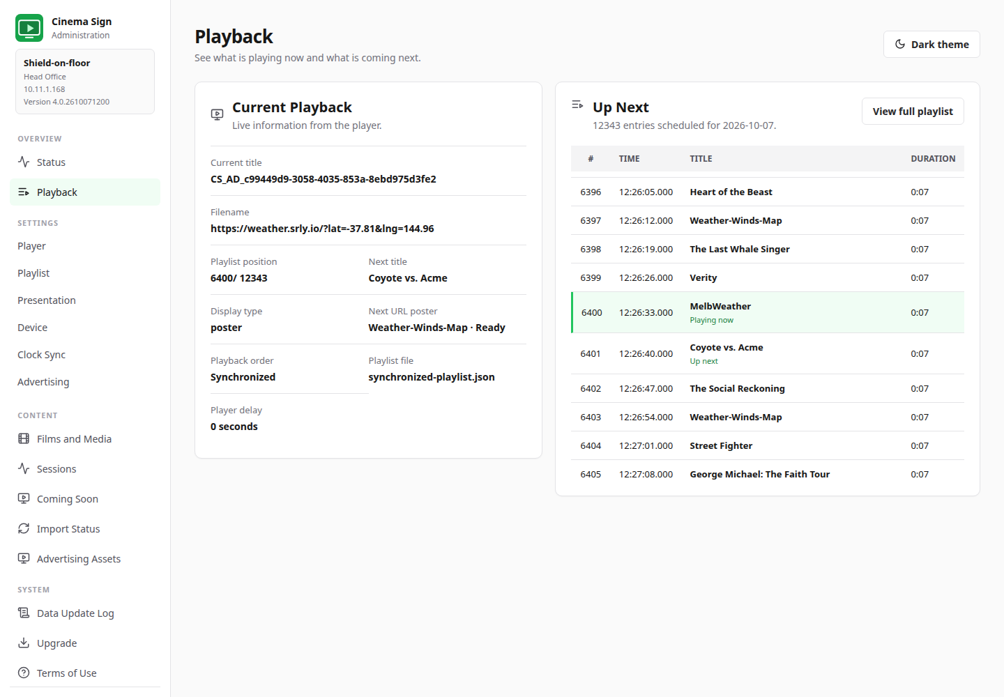 Actual current Shield Playback page with current media, timing, playlist position and Up Next