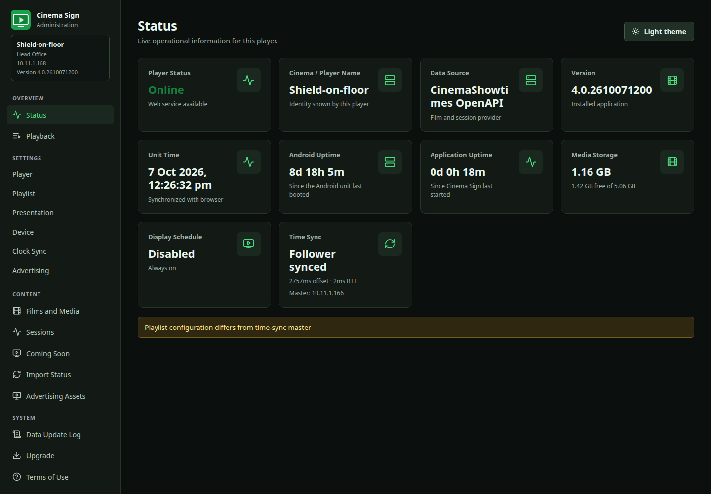 Actual current Shield Status page in the dark administration theme