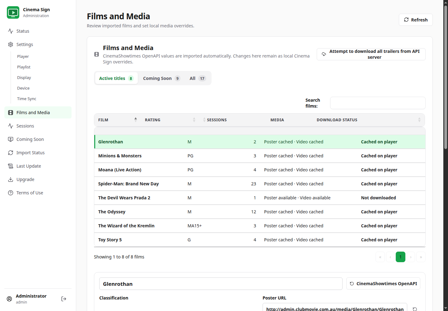 Live Films and Media administration table