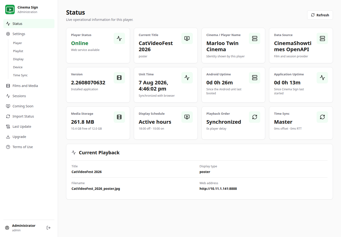 Live Cinema Sign web administration status page