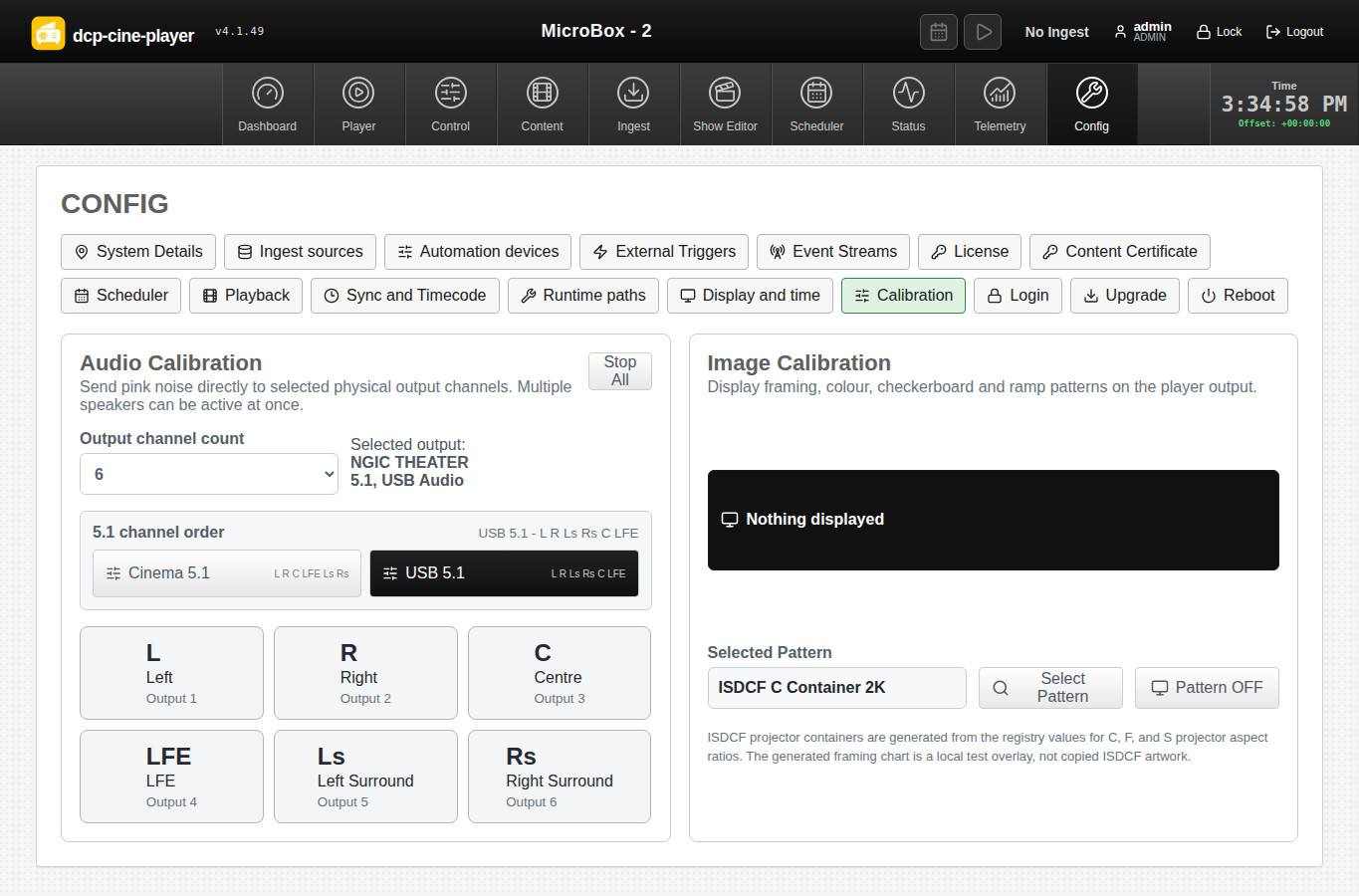 DCP Cine Player audio calibration page with channel tests and output order