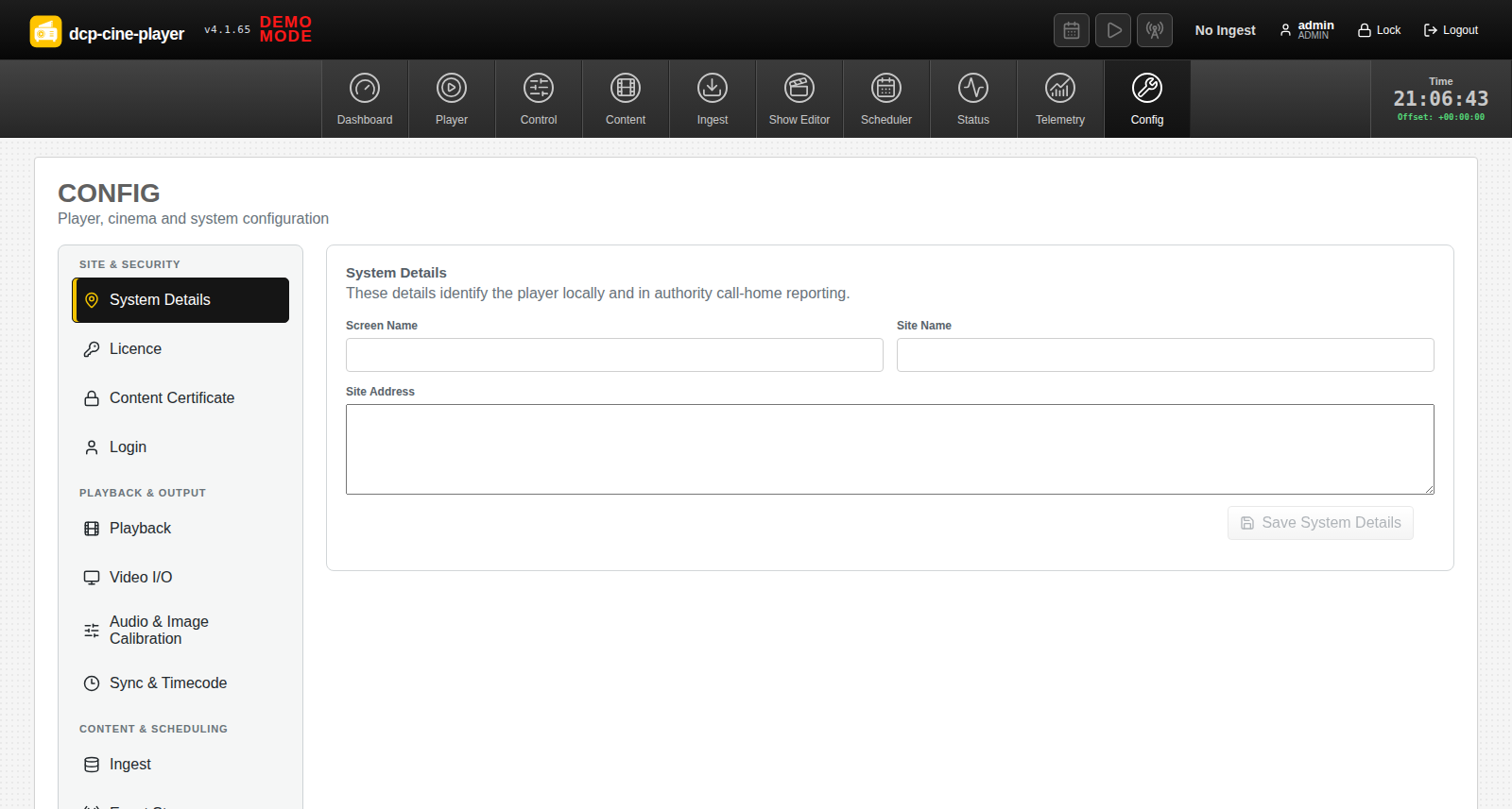 DCP Cine Player configuration page with grouped navigation and system details