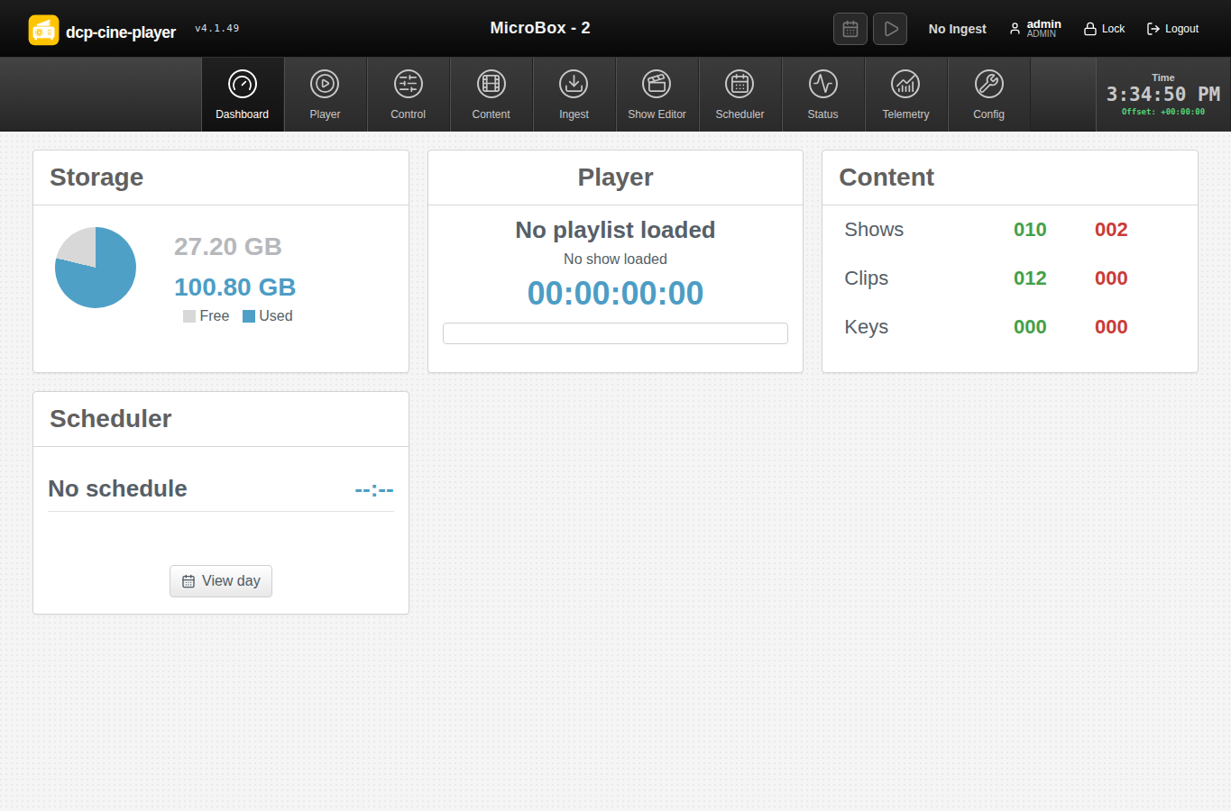 DCP Cine Player dashboard showing storage, player state, content counts and scheduler summary