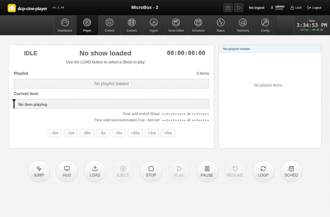 DCP Cine Player control page with playlist, timeline and playback controls