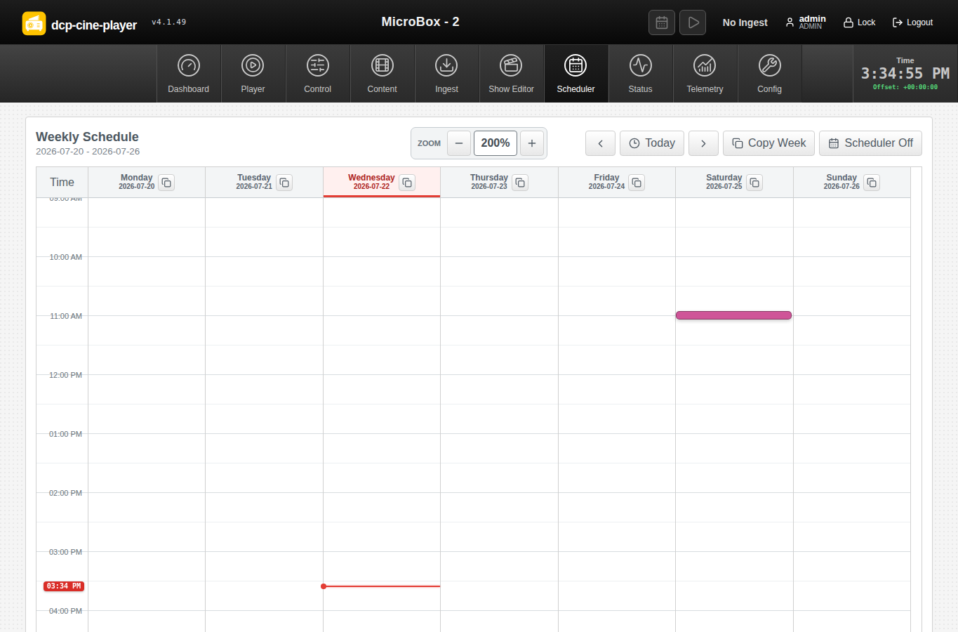 DCP Cine Player weekly scheduler with a calendar grid and session block