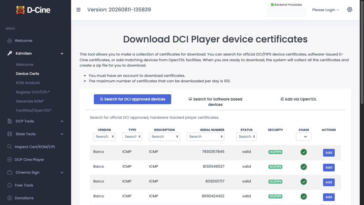 KdmGen approved DCI player certificate search